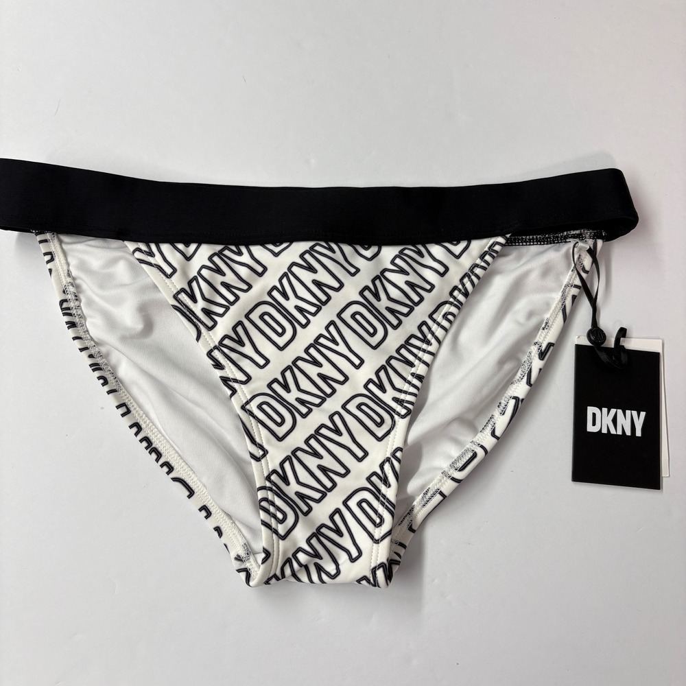 DKNY Women Bikini Bottom Medium White Black Logo Print Swim 4-Way Stretch UV 50+
